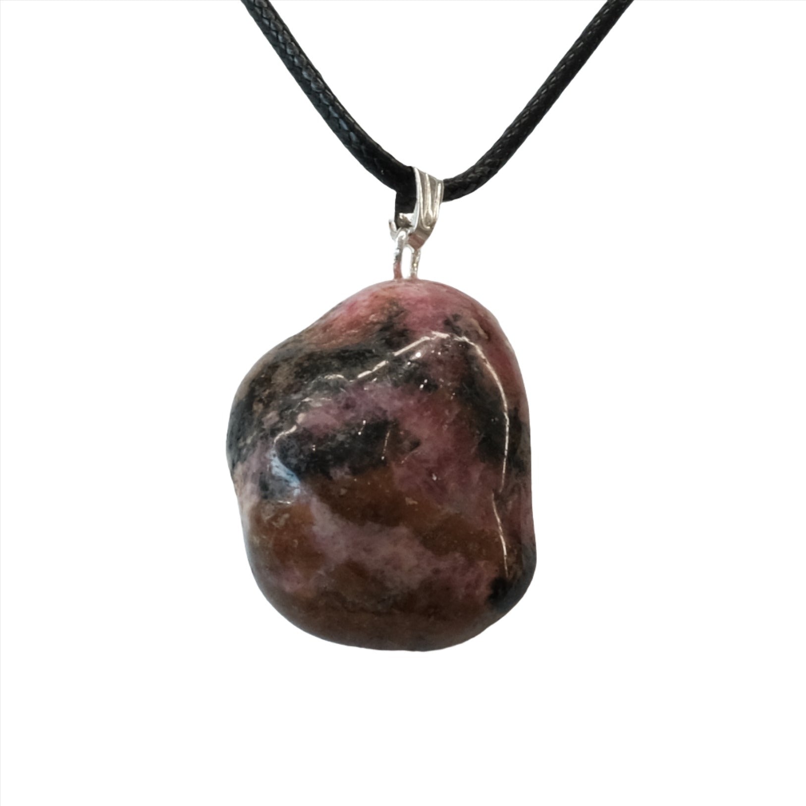 Rhodonite tumbled stone pendant necklace for emotional healing, love, and grounding.