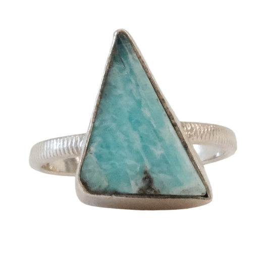 Triangle amazonite silver ring size 6, calming gemstone jewelry for balance and emotional soothing.