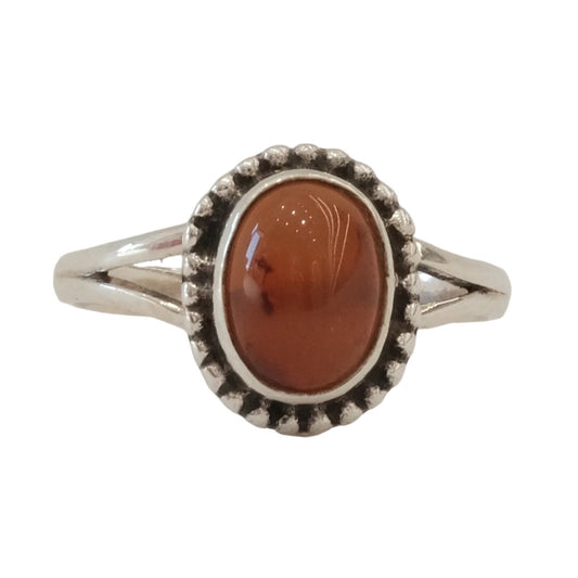 Carnelian sterling silver ring size 8, enhances creativity and courage, promotes success, and treats physical ailments.