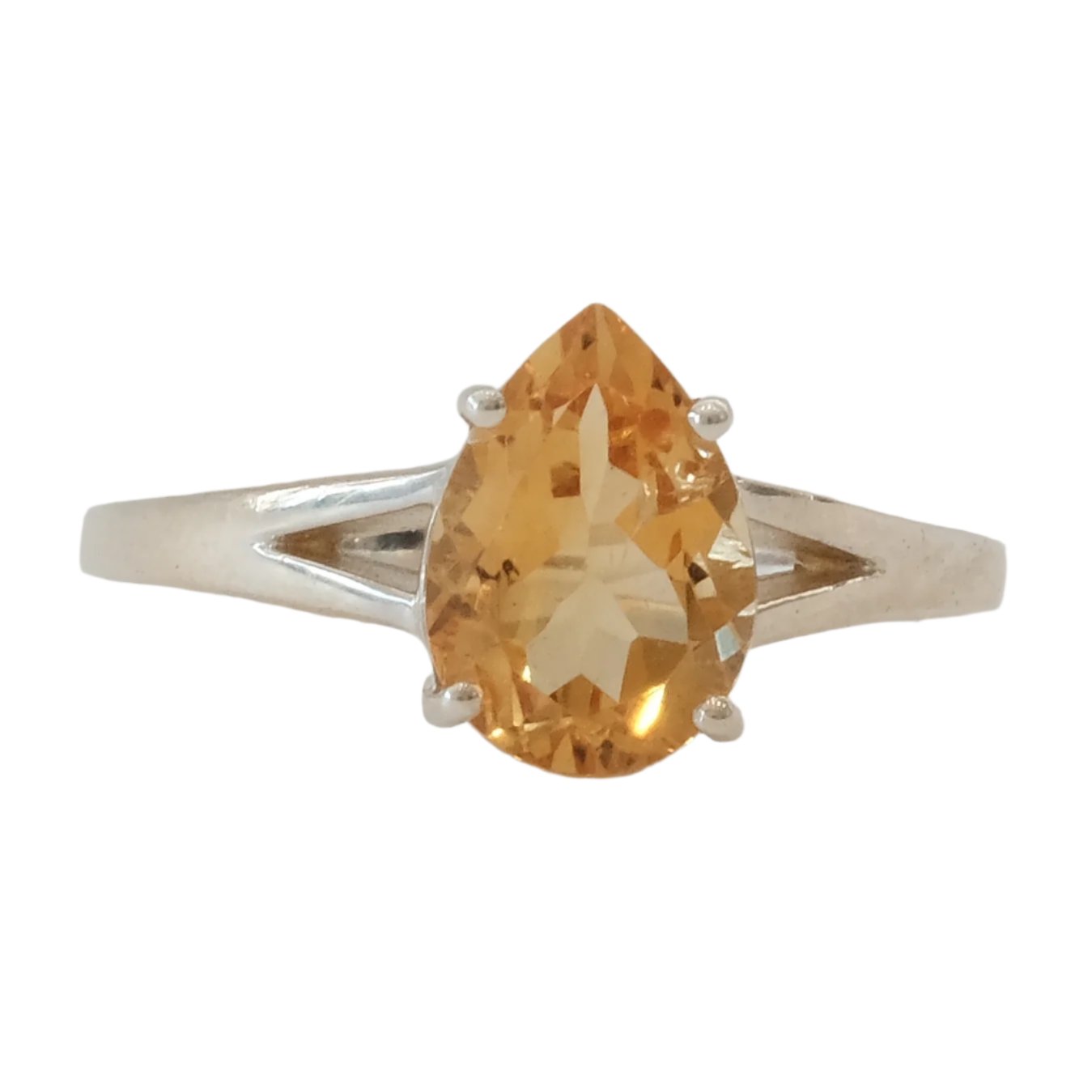 Citrine teardrop sterling silver ring size 6.5, enhances intuition and attracts prosperity.