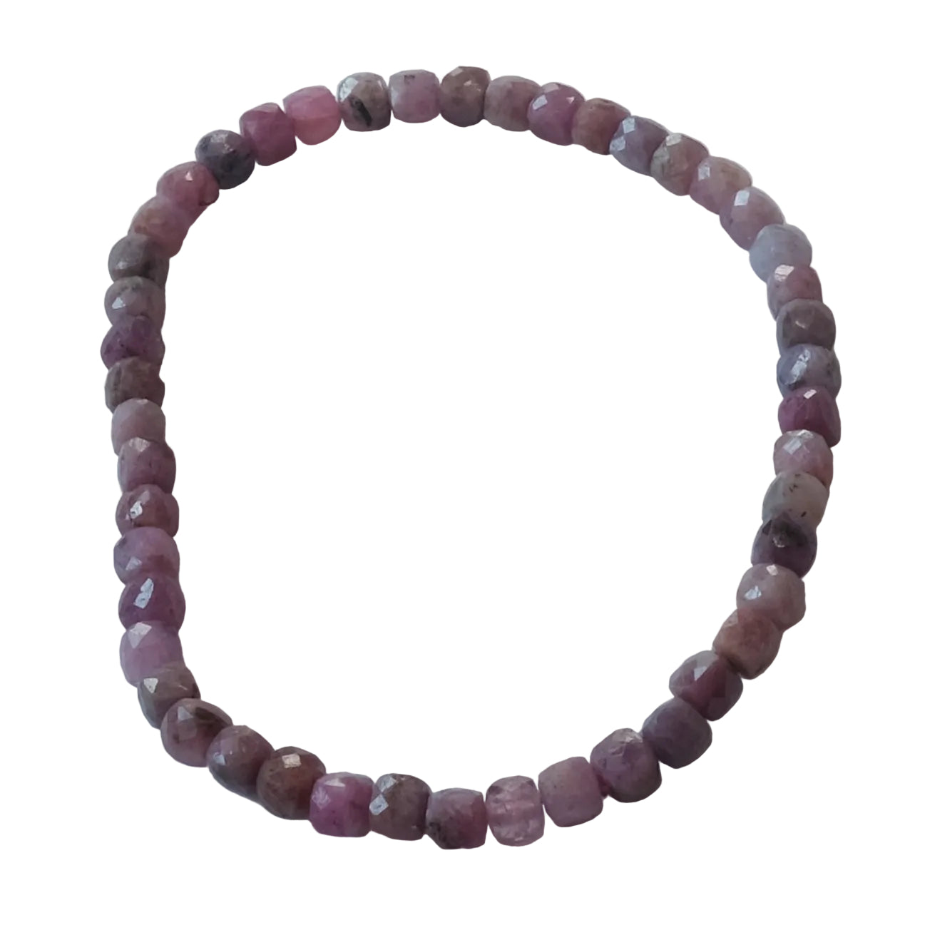 A beaded stretch bracelet made of faceted, round pinkish-purple beads, arranged in a circle on a plain light gray background.