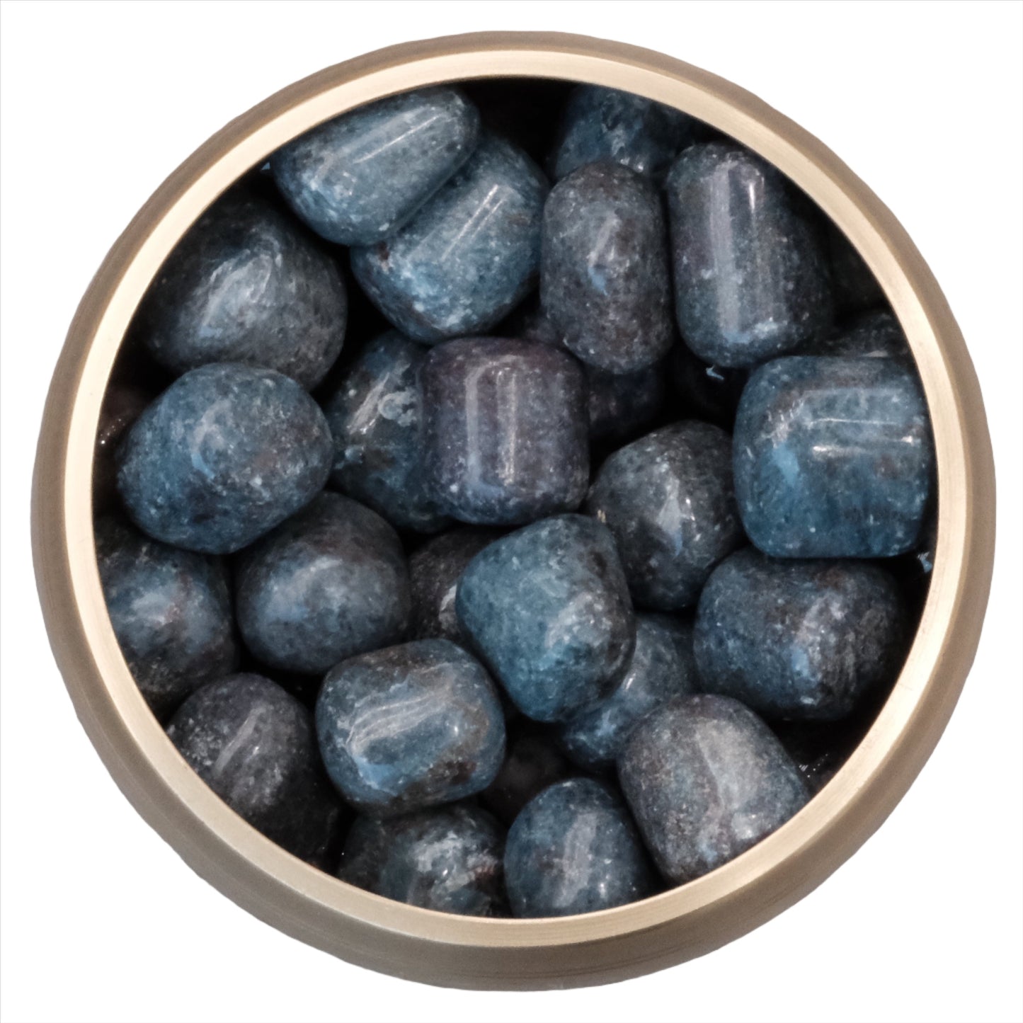 Ruby kyanite tumbled stones in a gold bowl, showcasing the rich blue hues and unique natural textures.