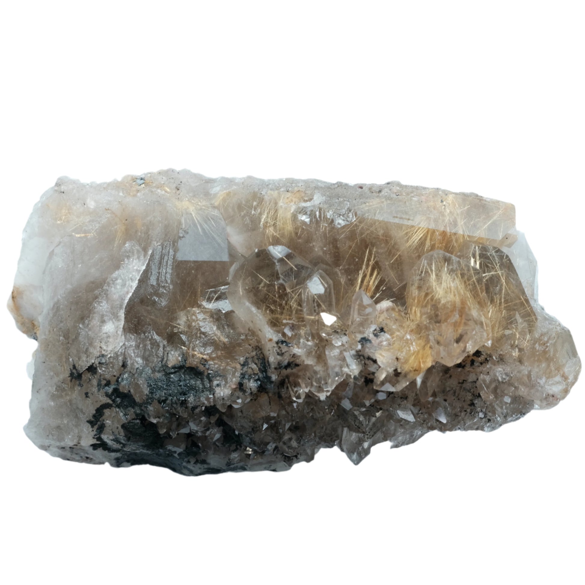 Rutilated Quartz Cluster 814g crystal for spiritual cleansing and energy, aids in healing, mood balancing, and negative energy shielding.