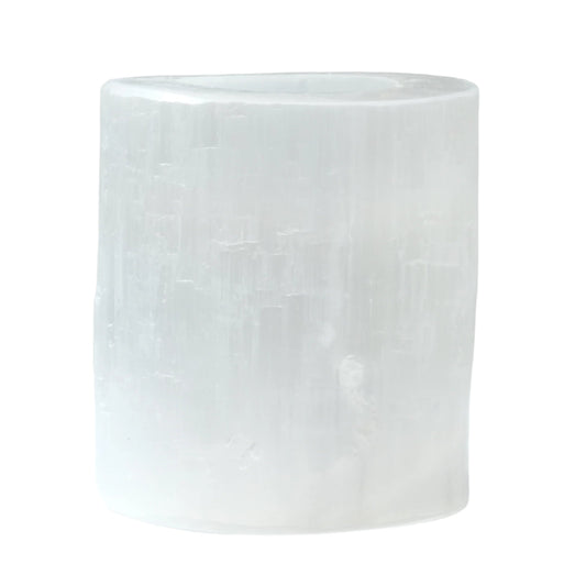 Selenite round candle holder for meditation and spiritual work, promotes mental clarity and understanding.