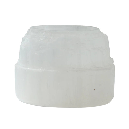 Selenite round mountain candle holder for meditation and spiritual work, enhances mental clarity and flexibility.