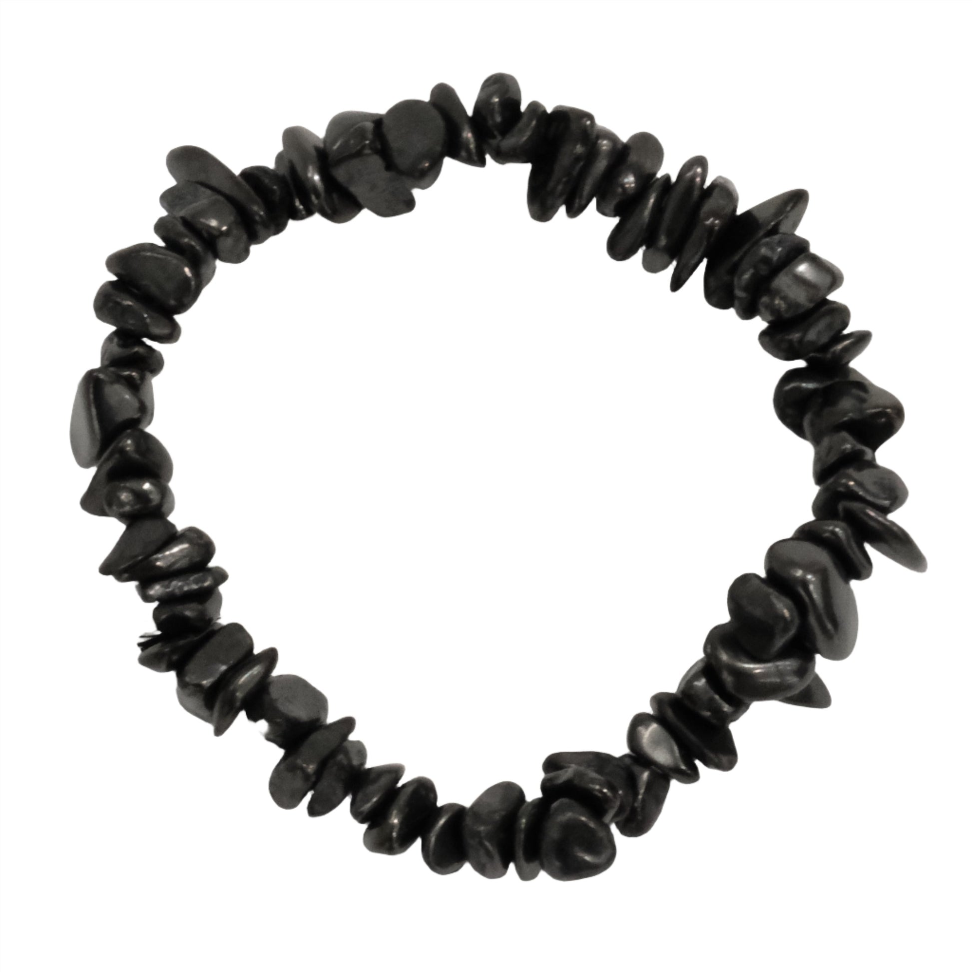 Shungite chip bracelet offering EMF protection and antioxidant benefits with unique stone design.