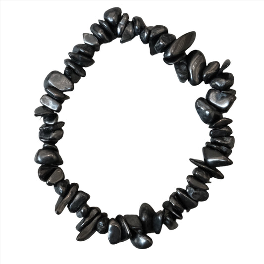 Shungite chip bracelet offering EMF shielding and antioxidant benefits, made of unique black shungite stones for wellness.