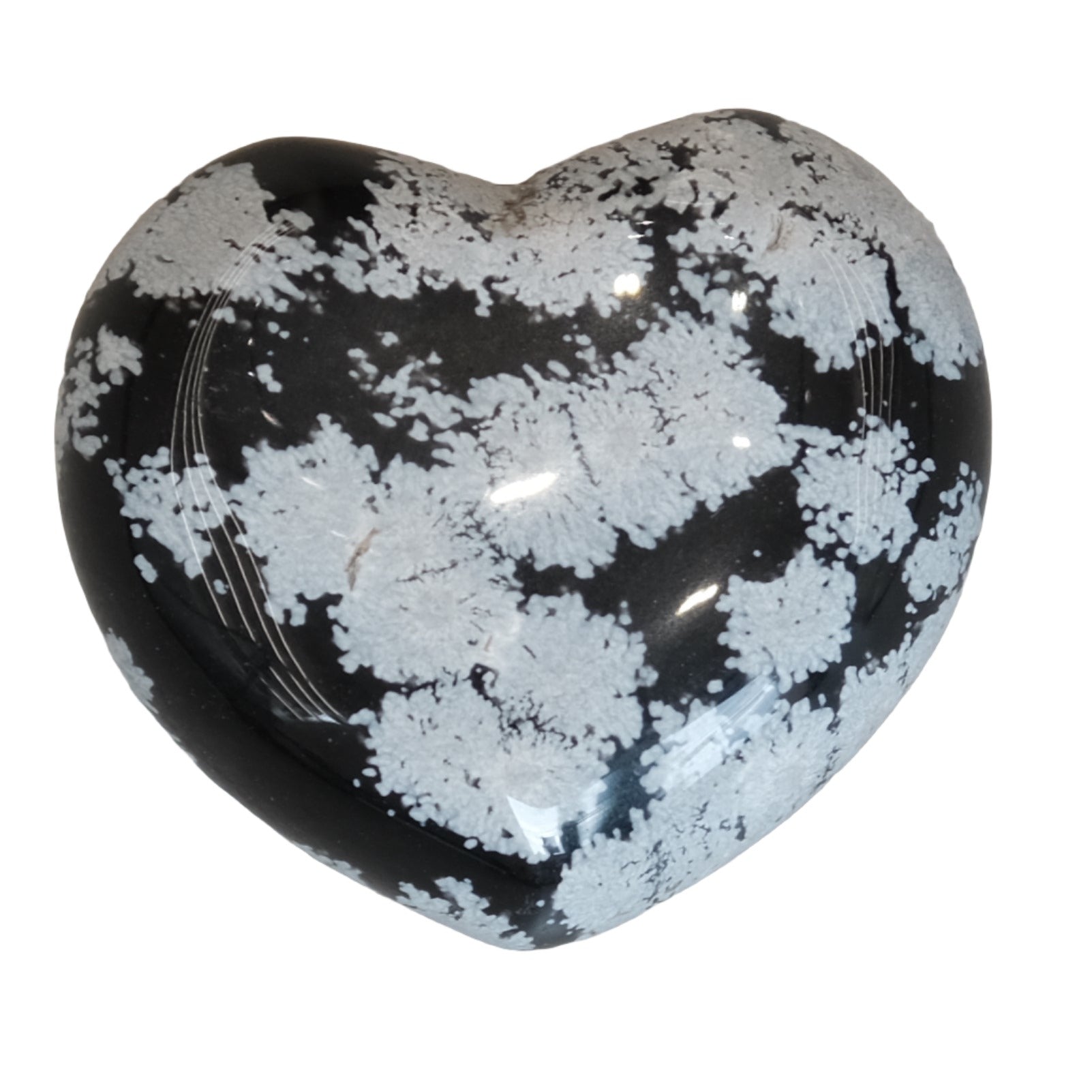 Snowflake Obsidian puffed heart, showcasing calming patterns for balance and healing in body, mind, and spirit.