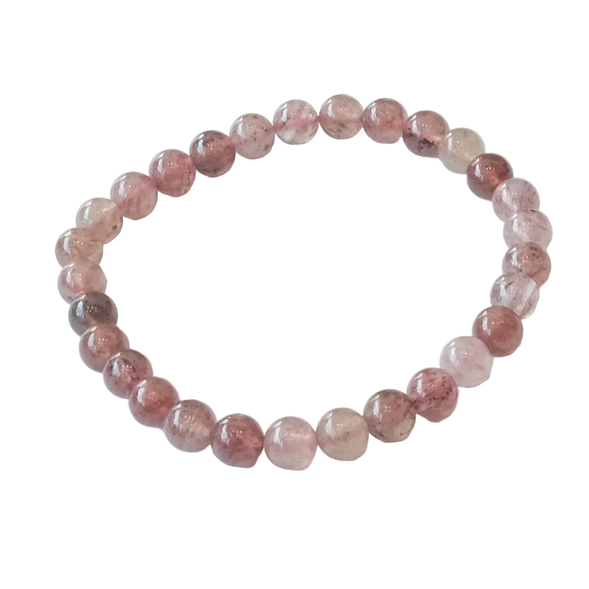 A beaded stretch bracelet made of polished round pinkish-tan beads with natural inclusions, displayed on a clean white background.