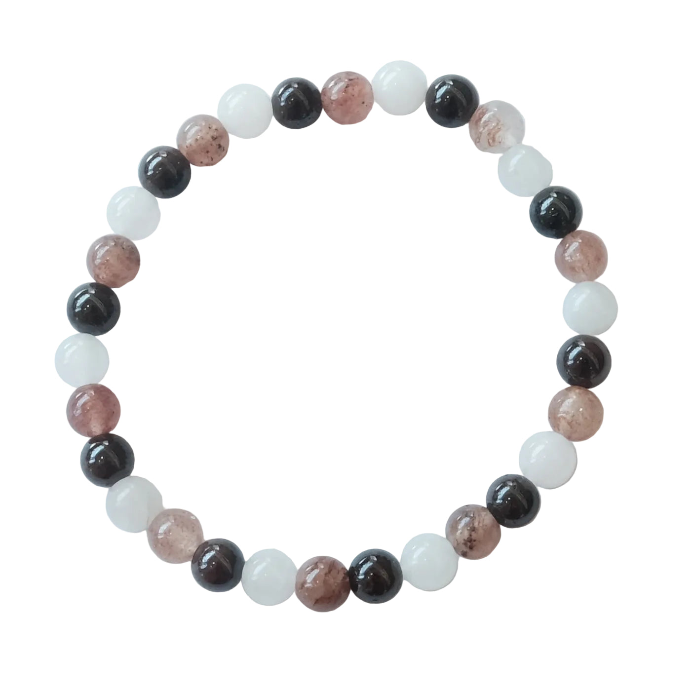 A beaded stretch bracelet made of alternating polished round beads in black, translucent white, and dusty rose pink, displayed on a clean white background.