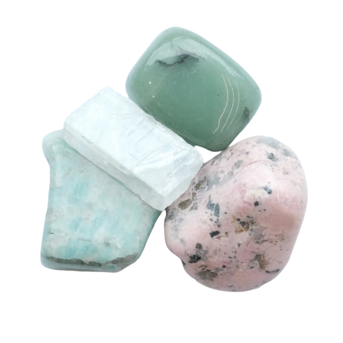 Stress relief kit stones in soothing green and pink hues for emotional wellbeing and balance.