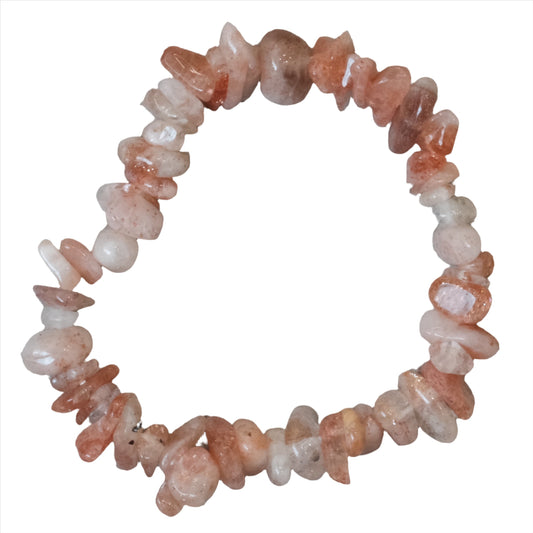 Sunstone chip bracelet promoting good fortune, energizing energy centers, relieving stress, and encouraging authenticity.