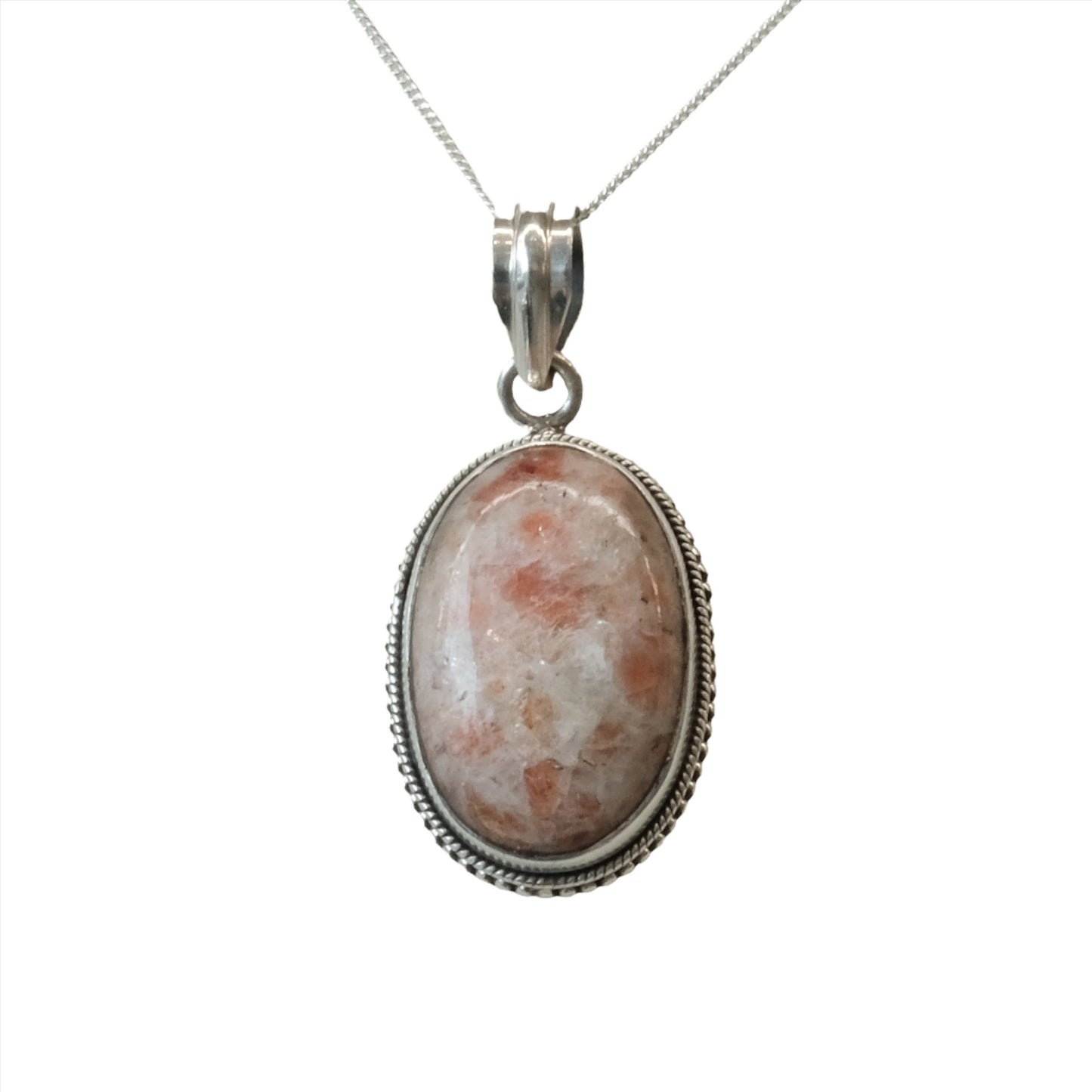 Sunstone sterling silver pendant necklace for luck and vitality, featuring an oval gemstone promoting self-empowerment and stress reduction.