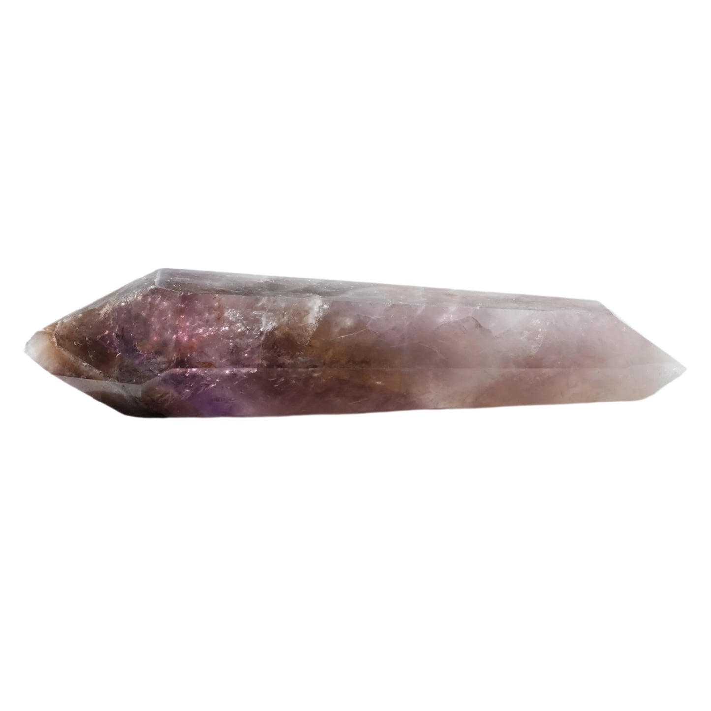 Super 7 Double Terminated Point crystal with amethyst, smoky quartz, and rutilated quartz for spiritual and protective energy.