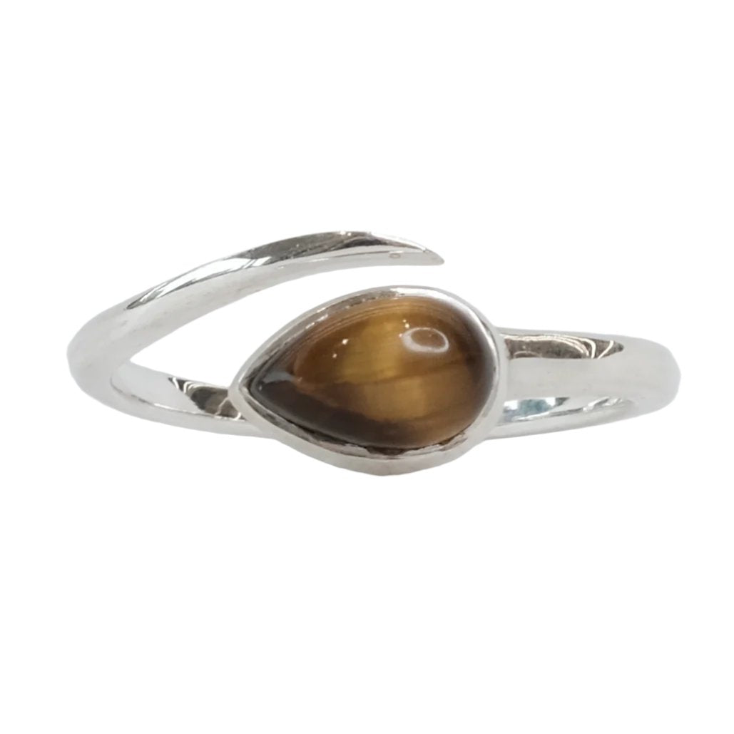 Tiger Eye Pear Shape Adjustable Ring for focus, courage, mood stability, and pain relief with protective and healing properties.