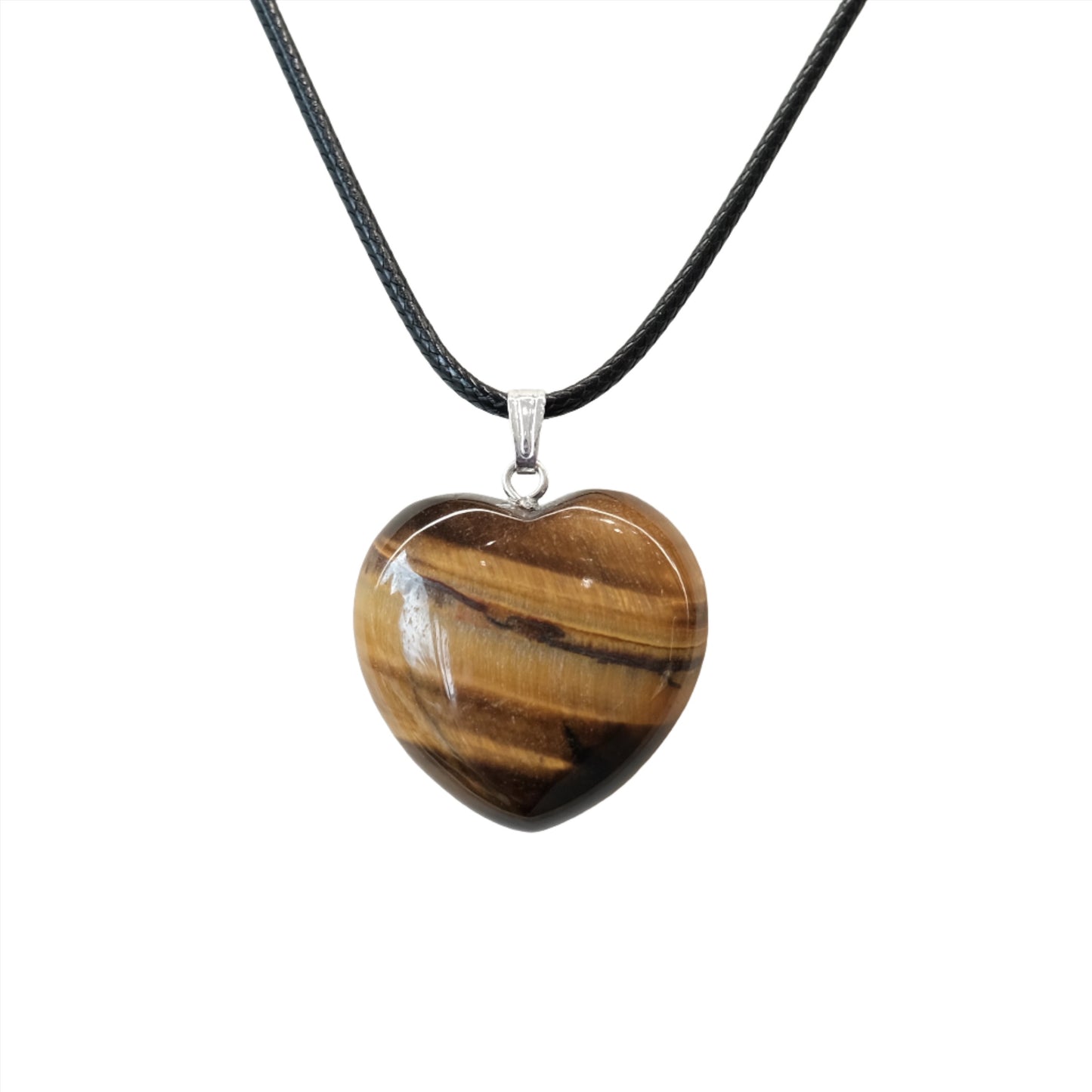 Tiger Eye heart pendant necklace on a black cord, promoting focus, protection, and good luck.