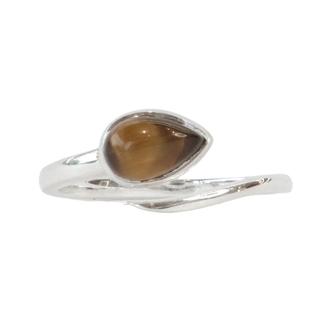 Pear-shaped Tiger Eye adjustable ring with protective and healing properties for focus, courage, and well-being, on a silver band.