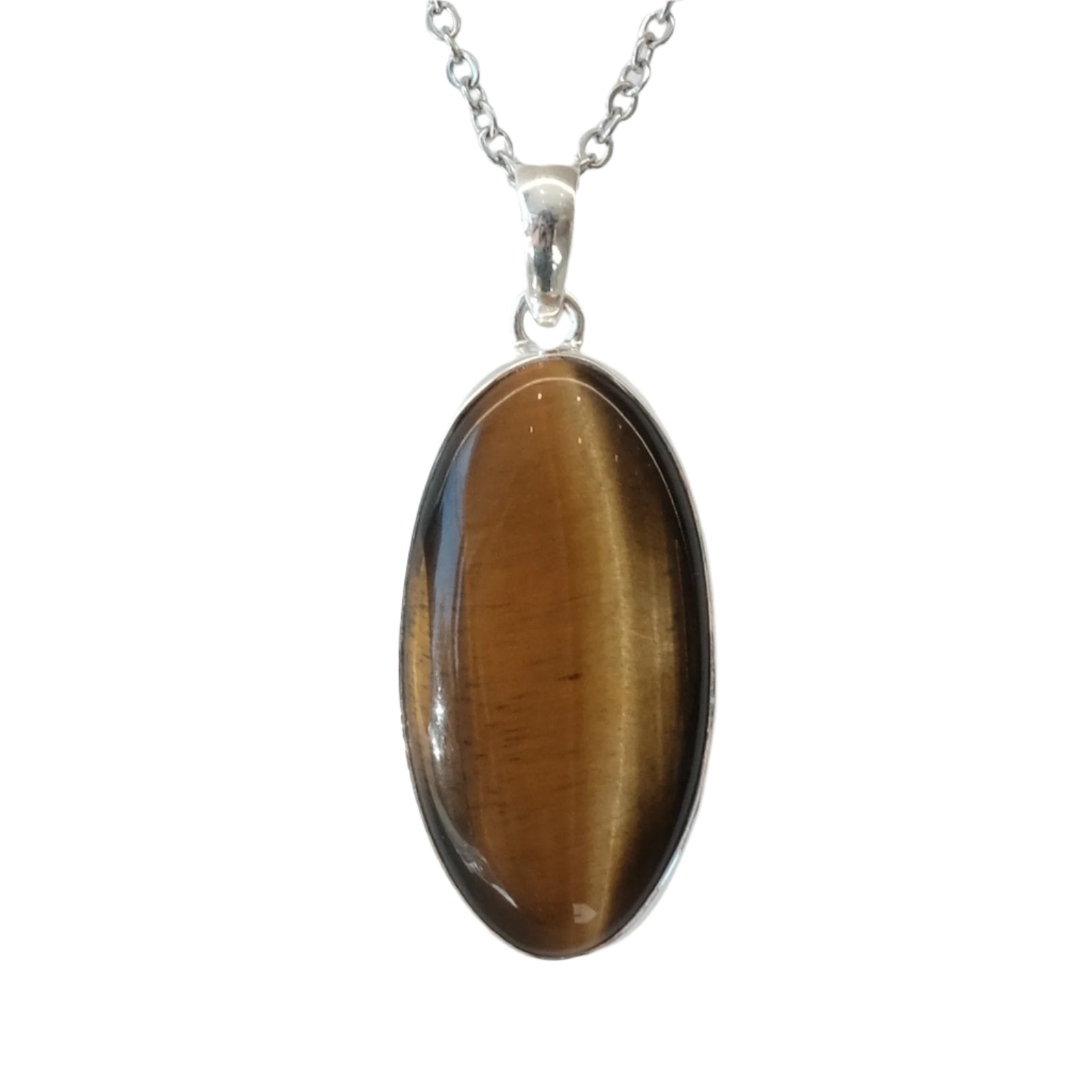 Tiger Eye Sterling Silver Pendant Necklace for focus, protection, and courage with healing properties.