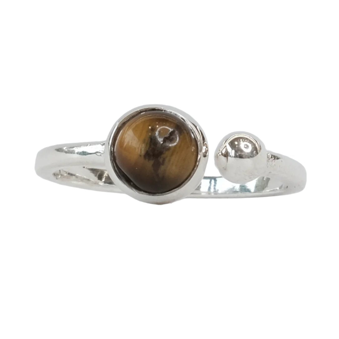 Tiger Eye round adjustable ring with silver band for focus and protection