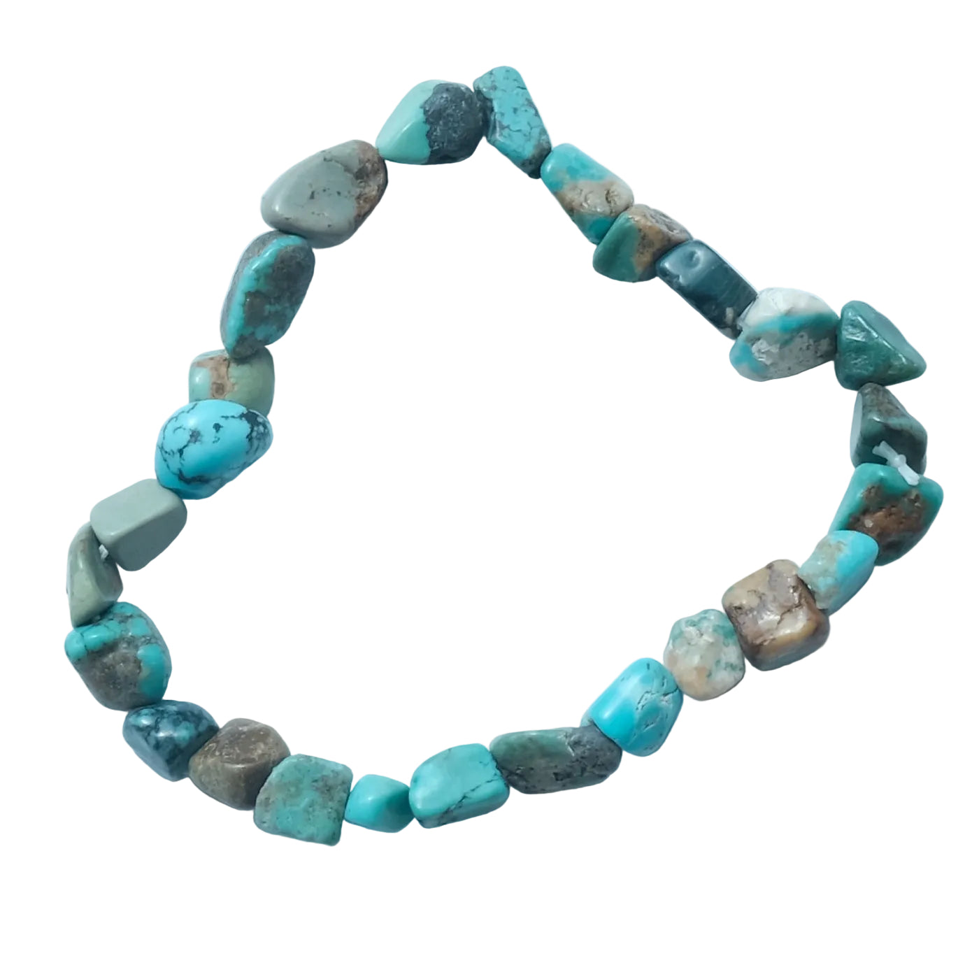 A beaded bracelet made of irregular turquoise and brown stone beads, arranged in a circle on a light blue background.