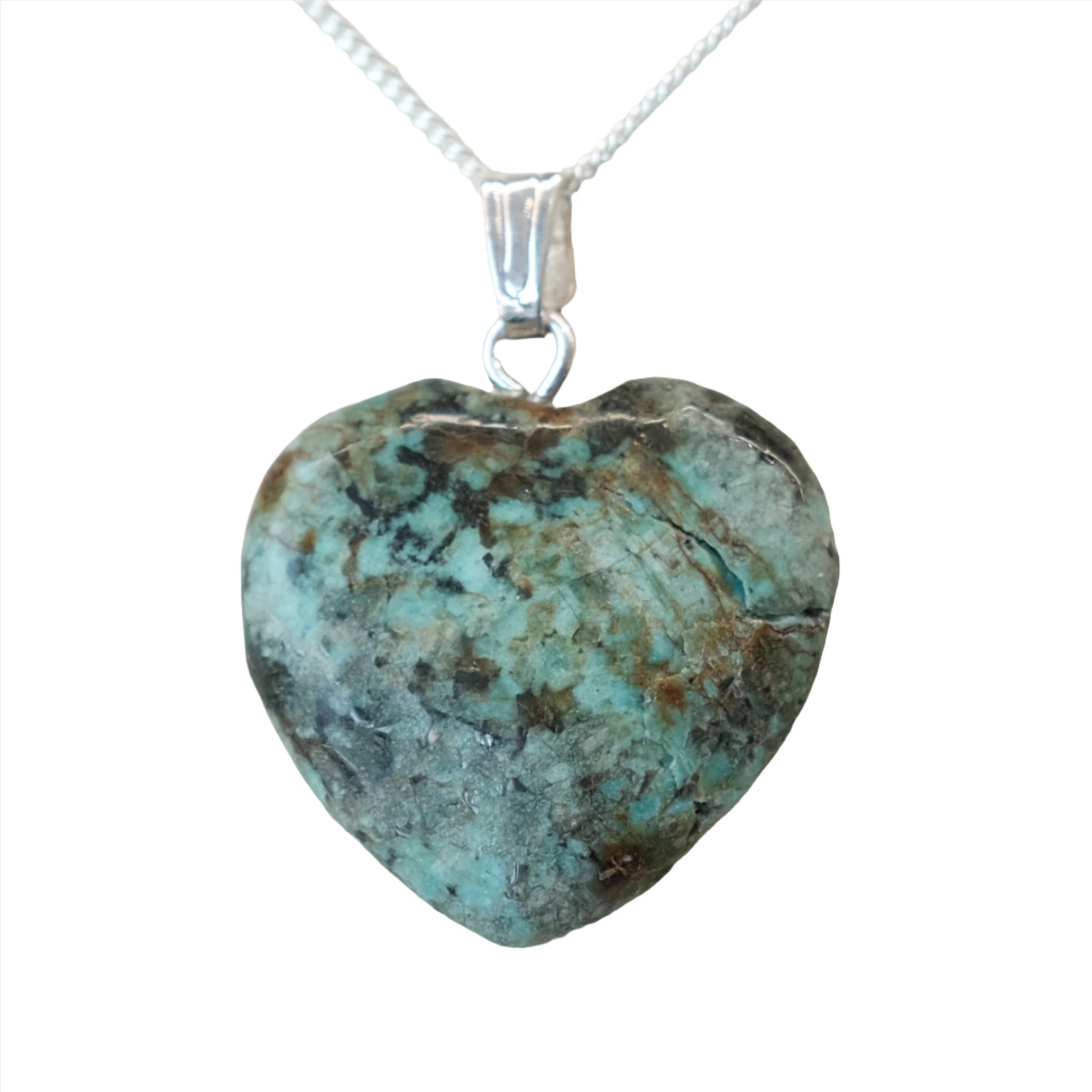 Turquoise heart pendant necklace for emotional stability and inner peace, featuring a natural stone on a silver chain.