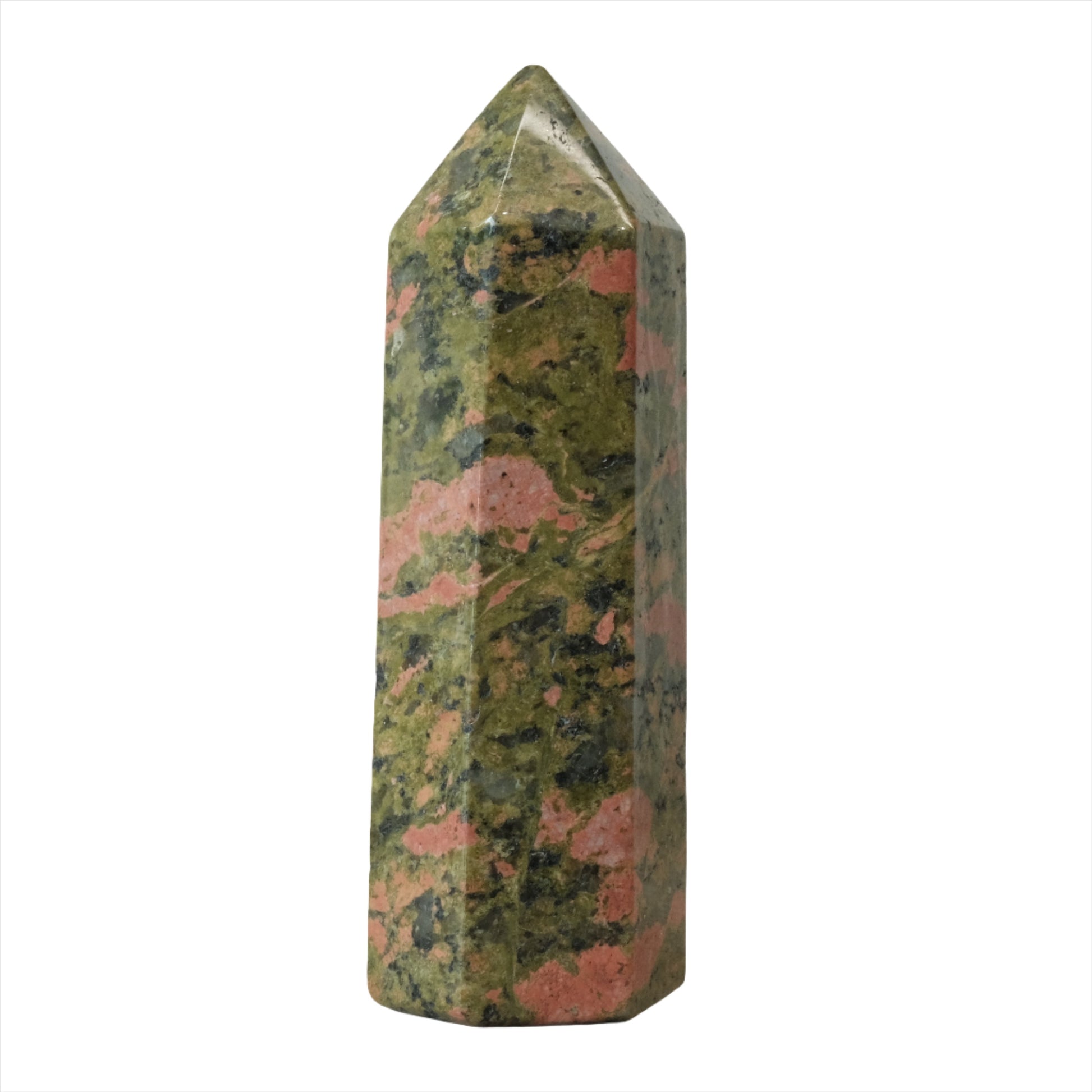 Unakite Tower 4" showcasing green and pink hues, known for balancing emotions and supporting spiritual growth.