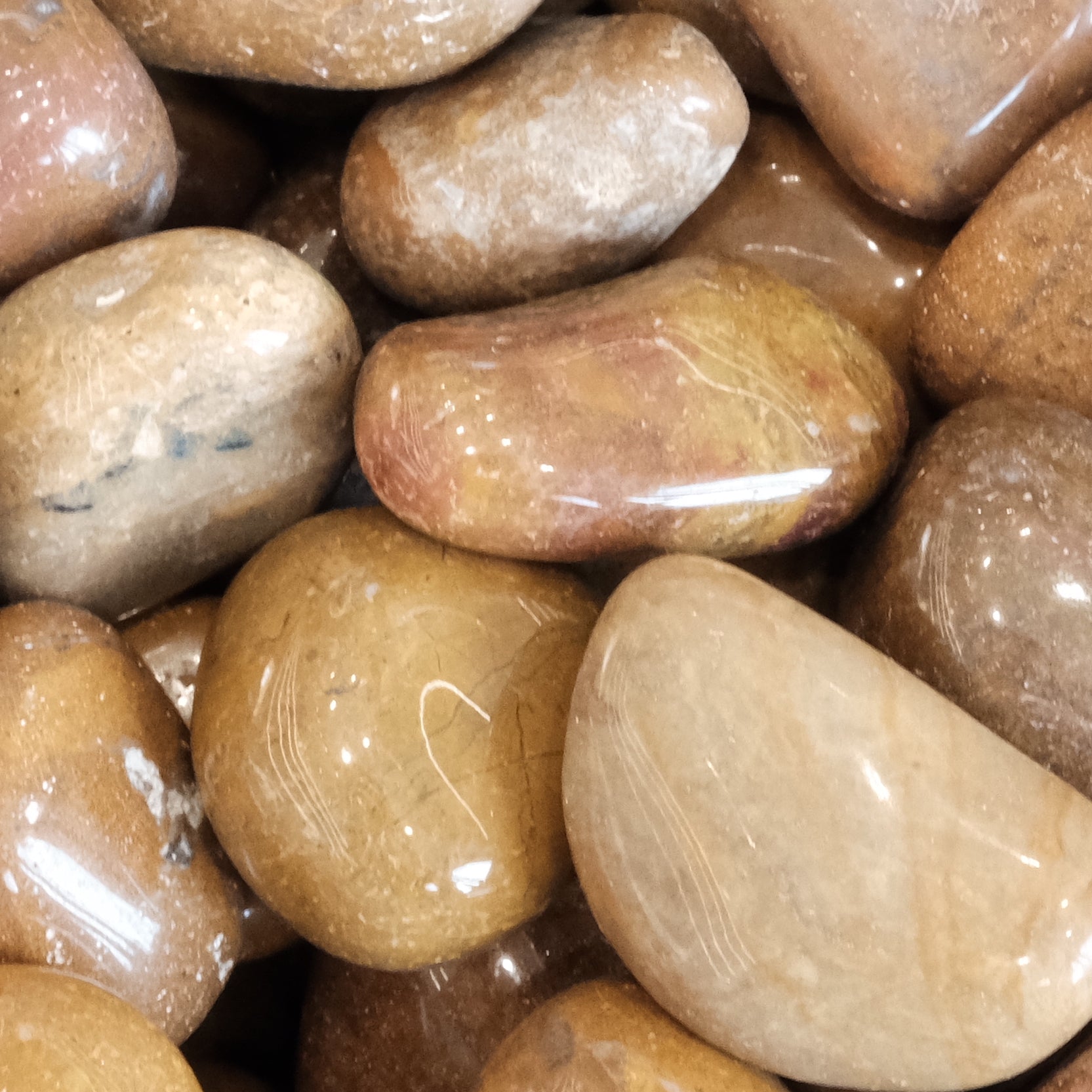 Polished yellow jasper tumbled stones in various earthy hues, showcasing their smooth, glossy surface and warm, sandy tones.