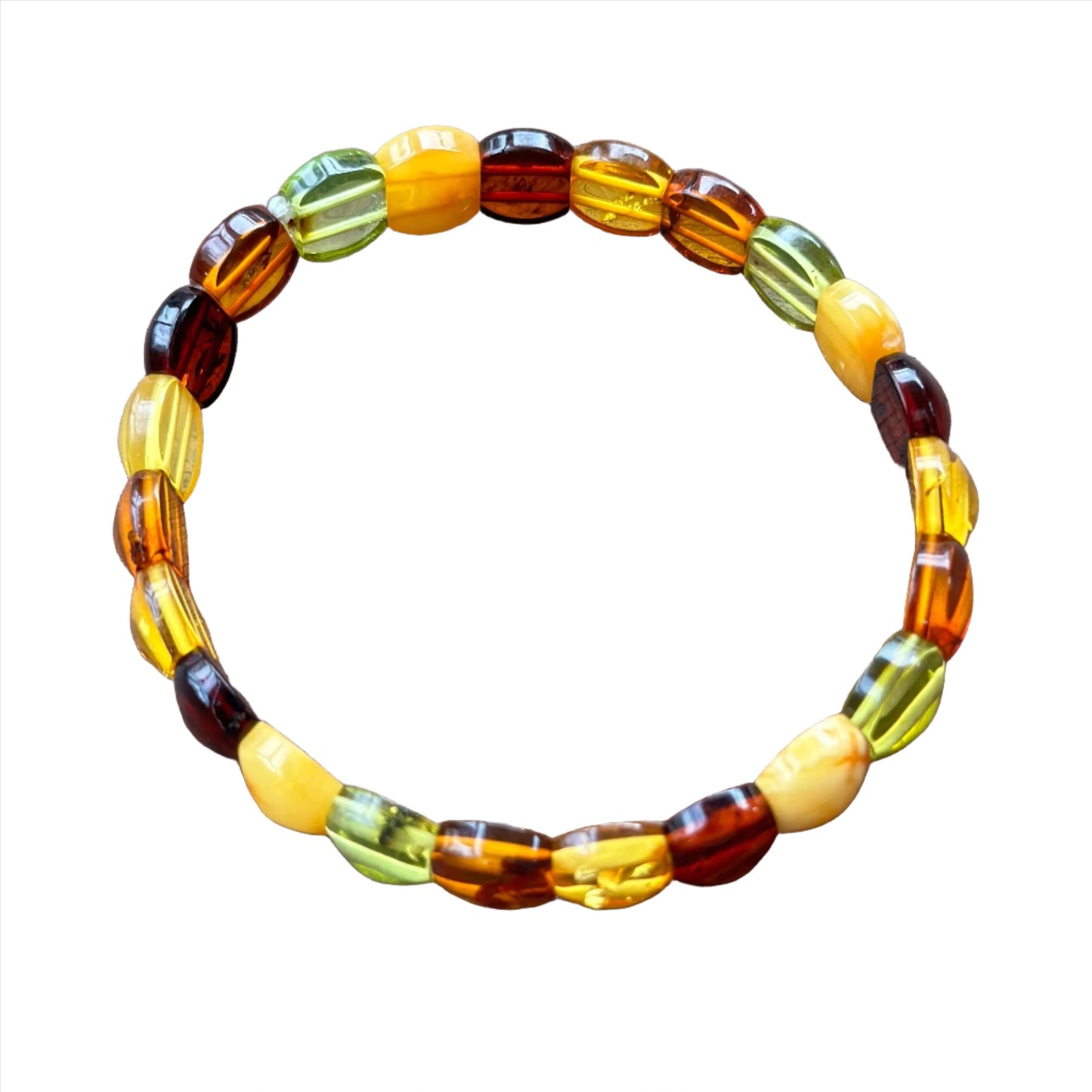 Amber Tricolor Oval Bead Stretch Bracelet Adult Size