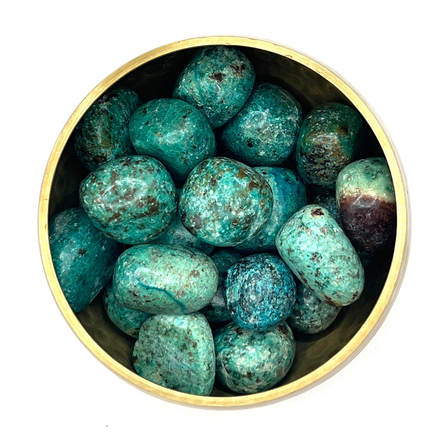 Bowl of chrysocolla tumbled stones 20-30MM for healing and creativity.