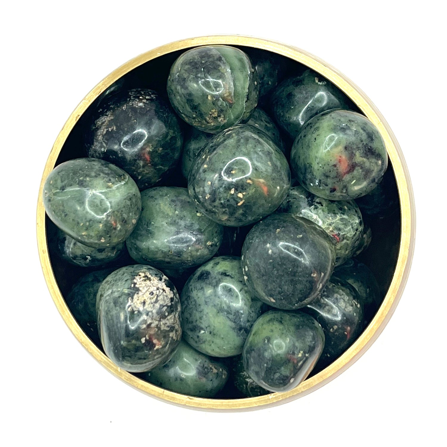 Nephrite Jade tumbled stones in a round container, symbolizing serenity and purity, ideal for promoting harmony and tranquility.